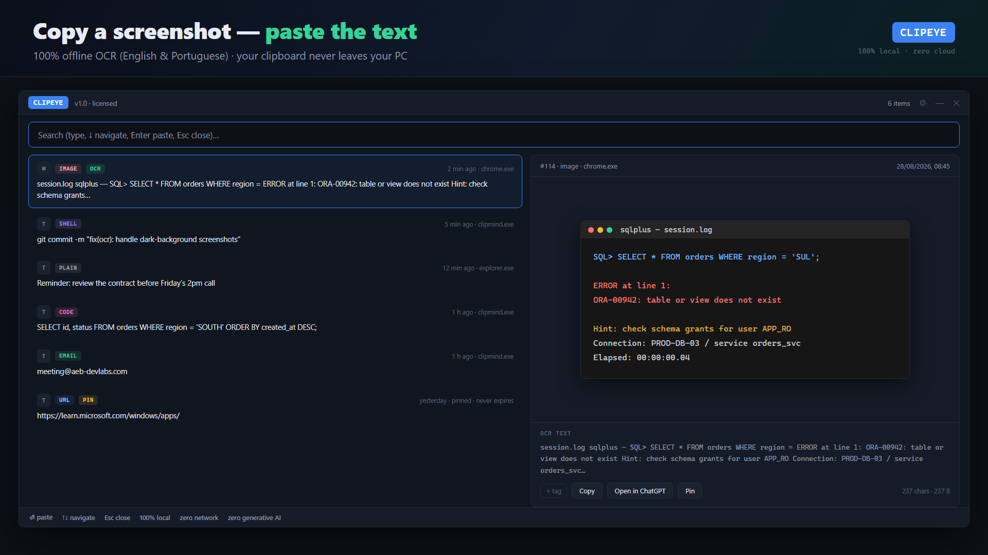 ClipEye — overlay with OCR from a screenshot